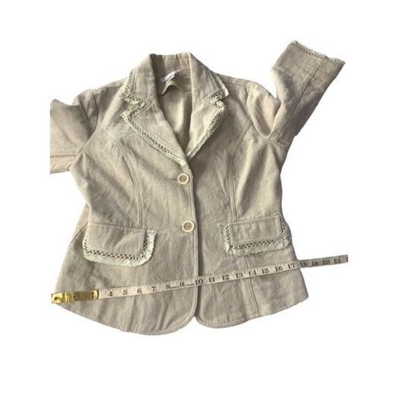 Newport News Women’s Sz 8 Cream Linen Cotton 2 Button Lace Fringe Blazer - Picture 9 of 12